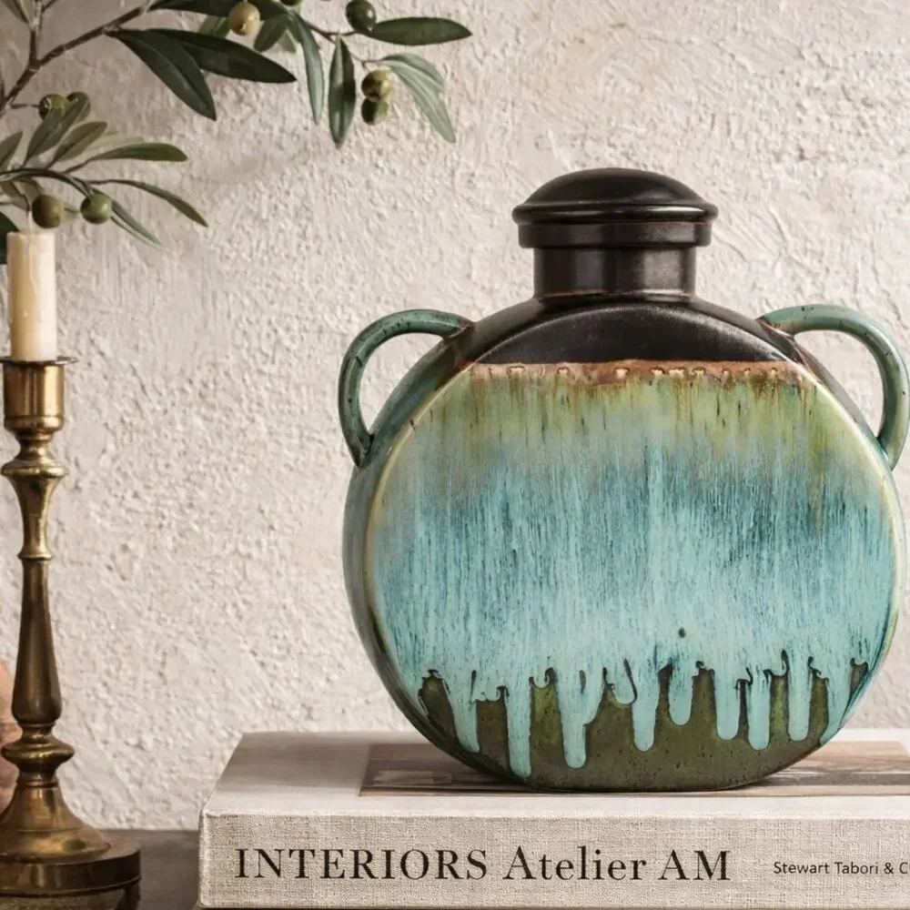 Drip Glaze Pilgrim Flask Vase | Blue Green Sculptural Pottery Decor